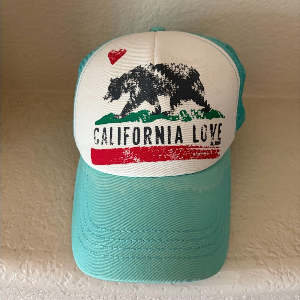Billabong California Love Trucker Hat Snap Back Bear Flag Logo Heart Mint Green